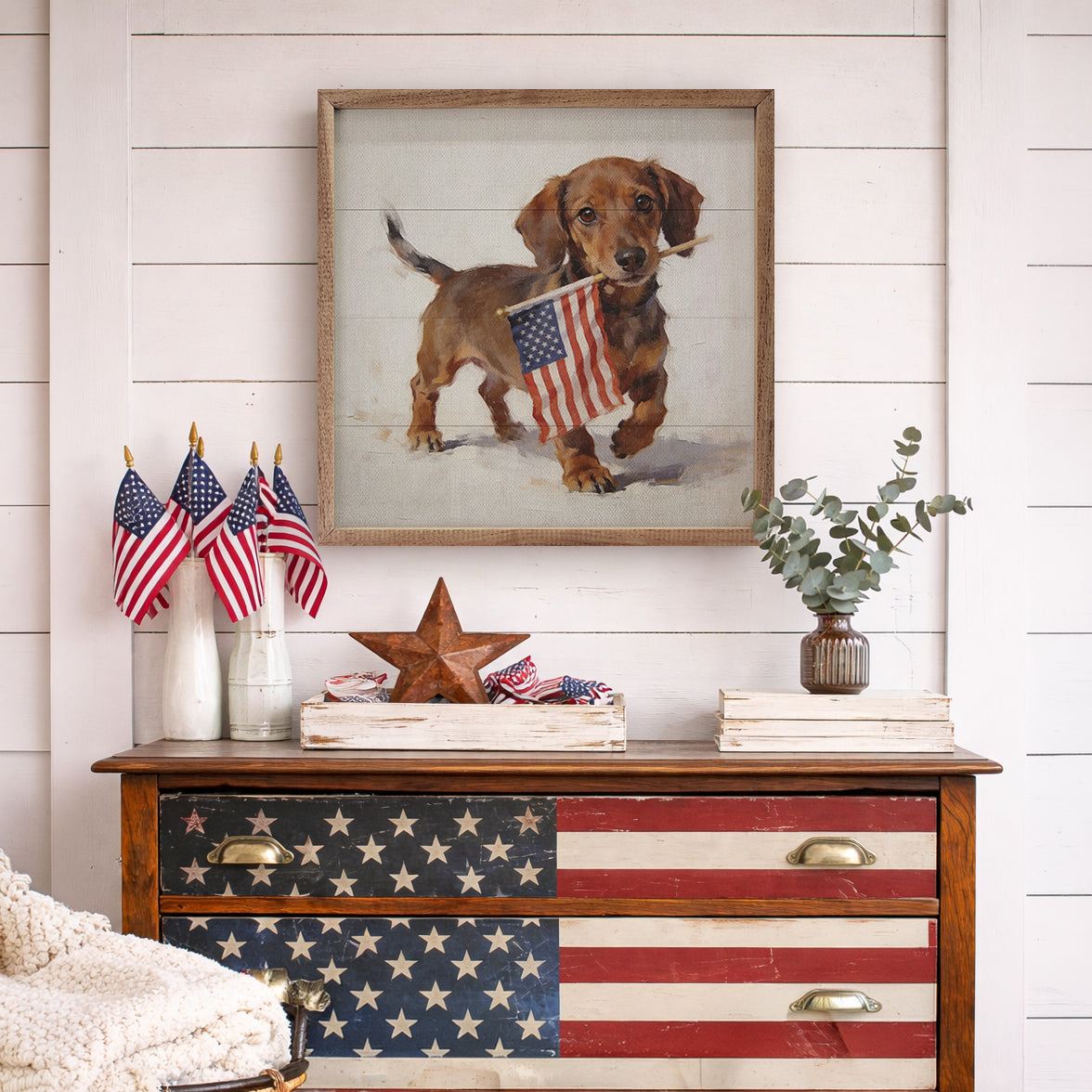 Patriotic Pets Dachshund Wood Framed Print