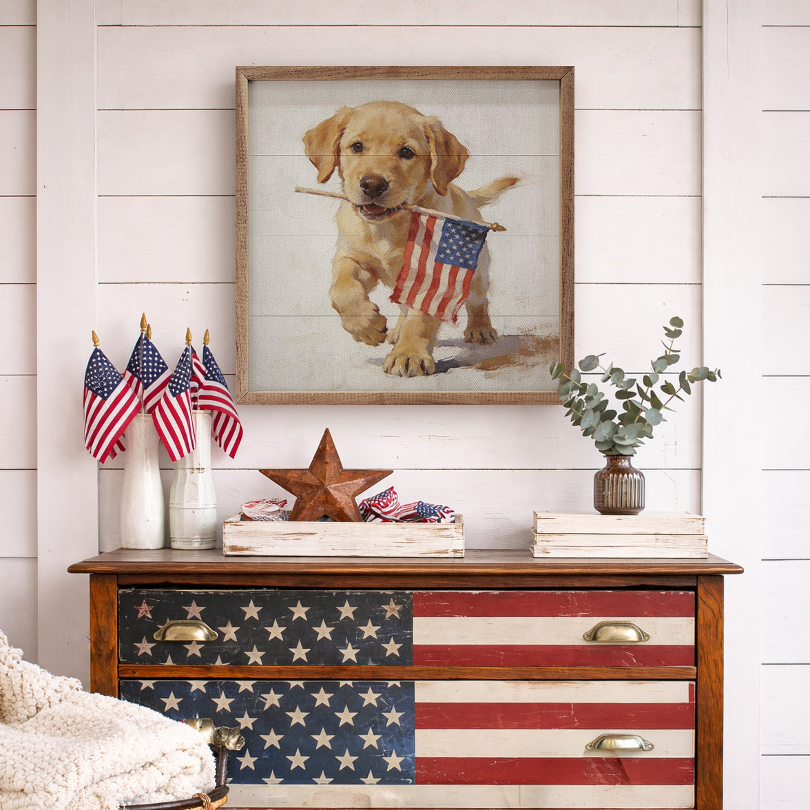 Patriotic Pets Yellow Lab Wood Framed Print
