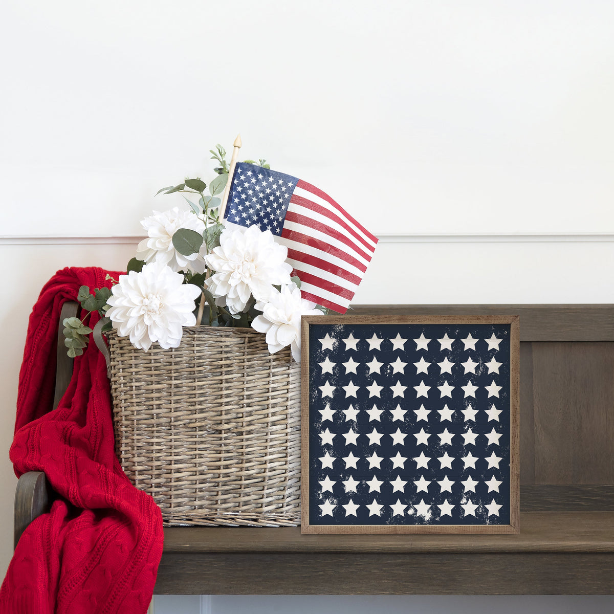 Pattern White Stars On Blue Wood Framed Print