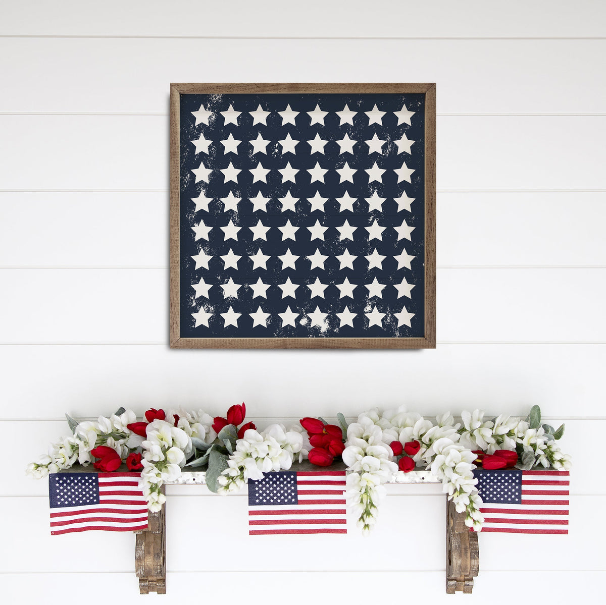 Pattern White Stars On Blue Wood Framed Print