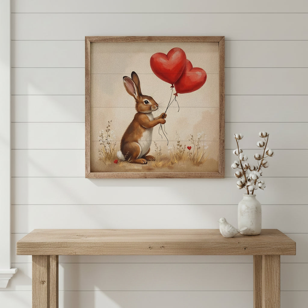 Red Heart Balloon Bunny Wood Framed Print