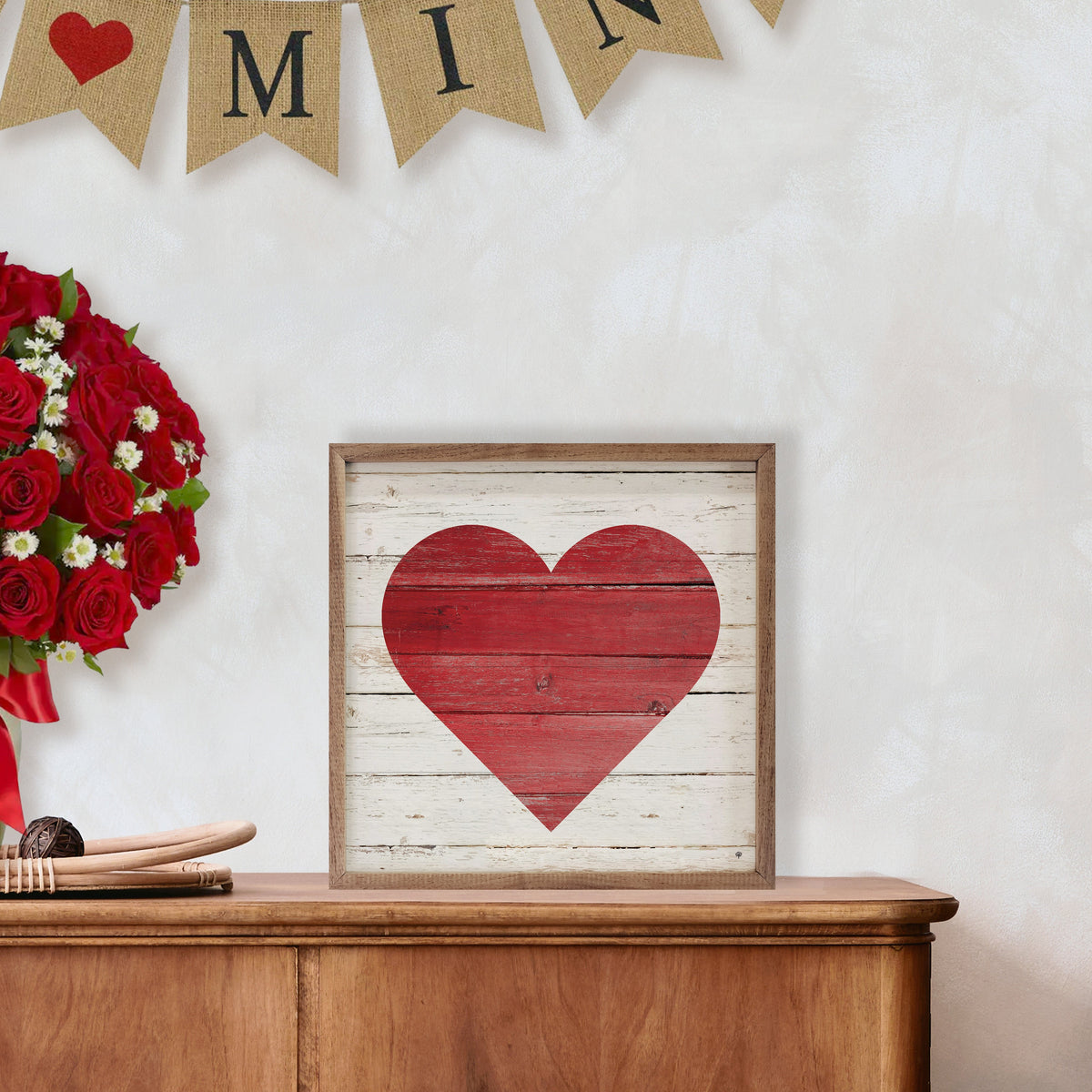 Red Heart On Whitewash Wood Framed Print