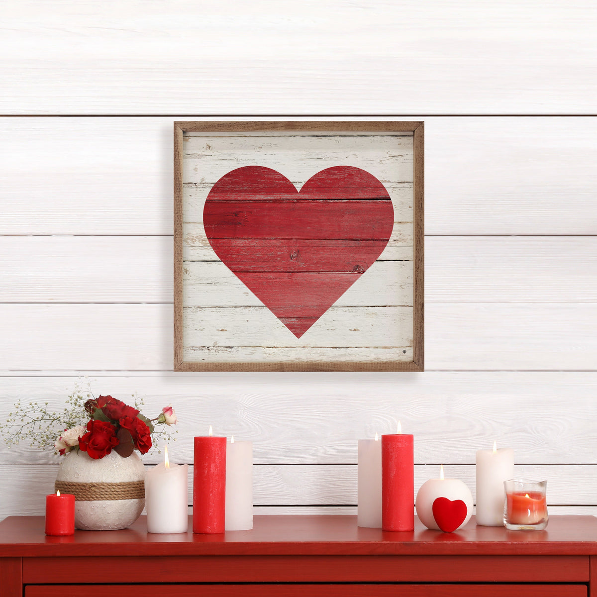 Red Heart On Whitewash Wood Framed Print