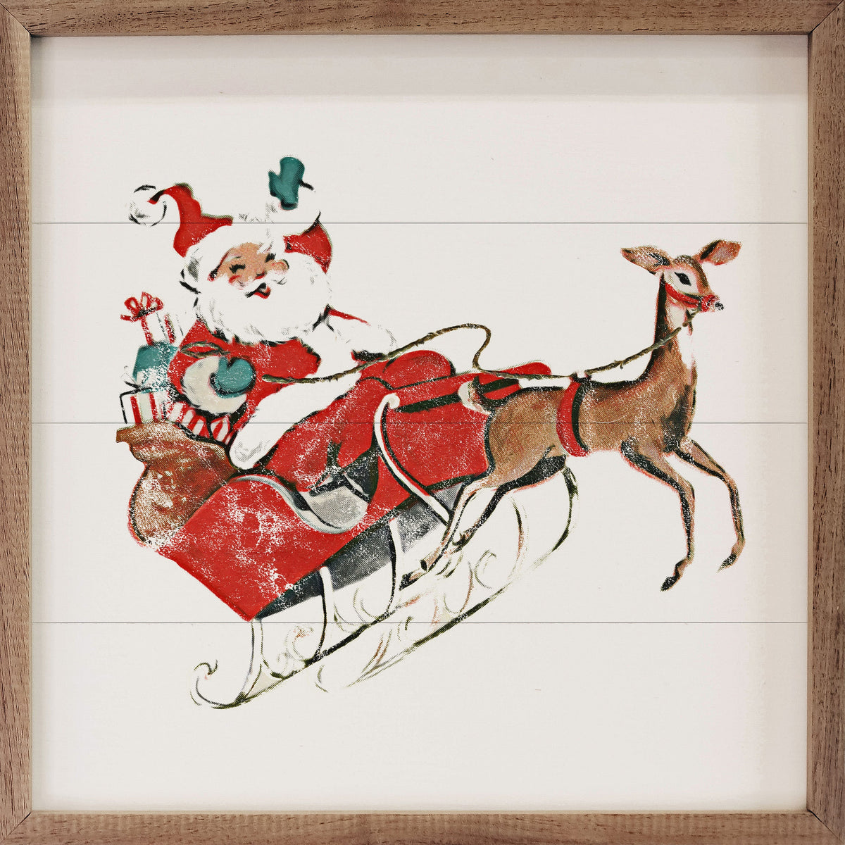 Santa & Reindeer Retro Wood Framed Print