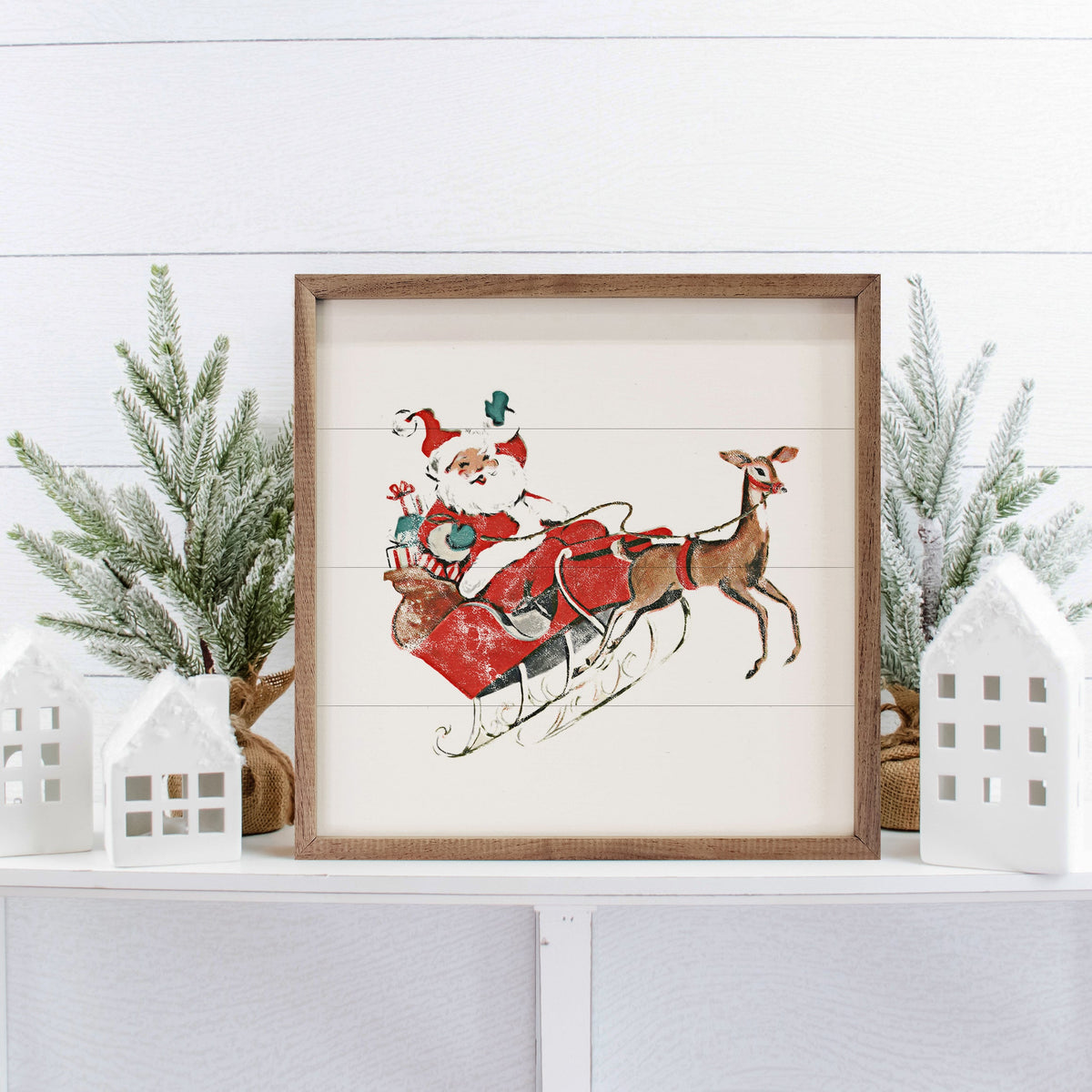 Santa & Reindeer Retro Wood Framed Print
