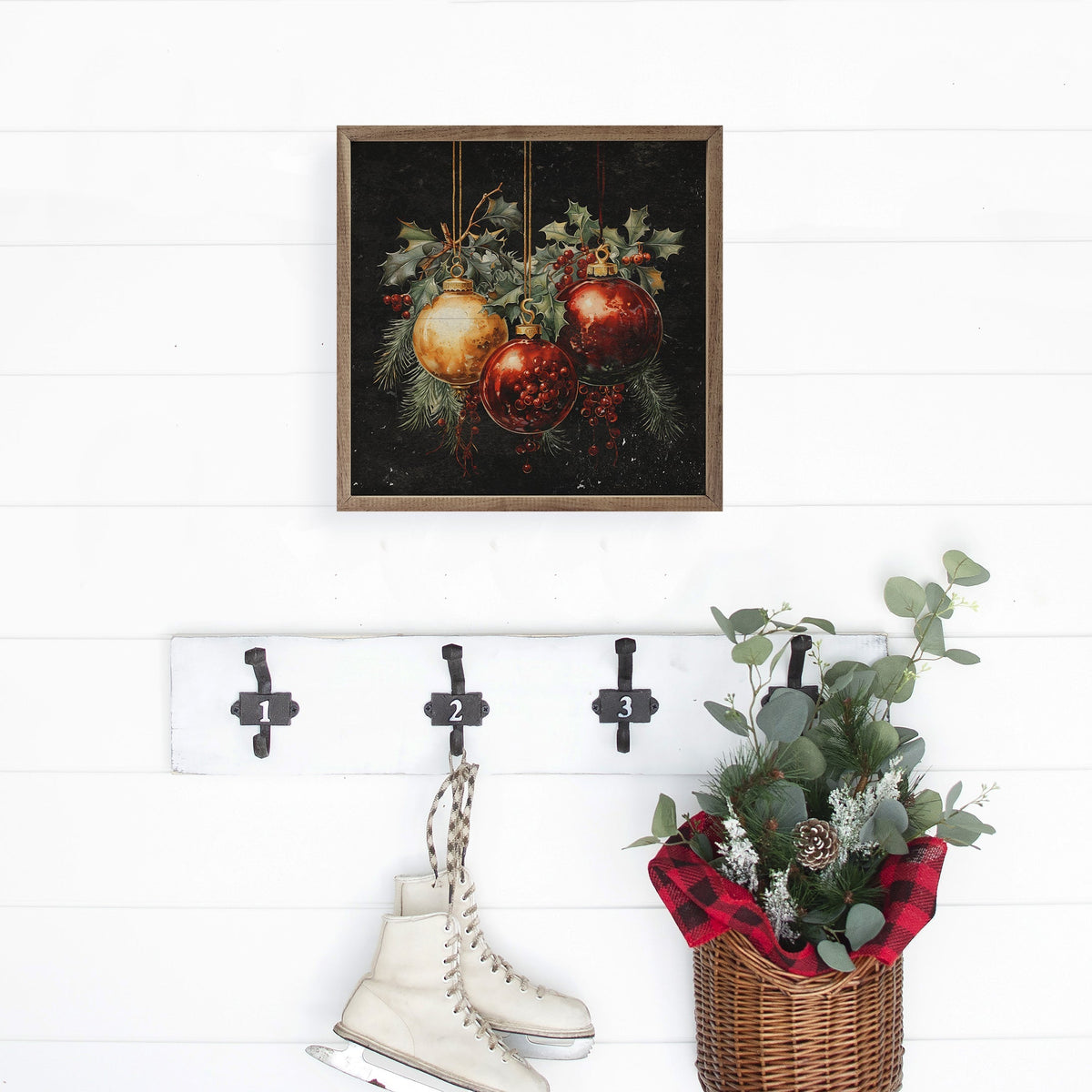 Three Ornaments With Holly Wood Framed Print