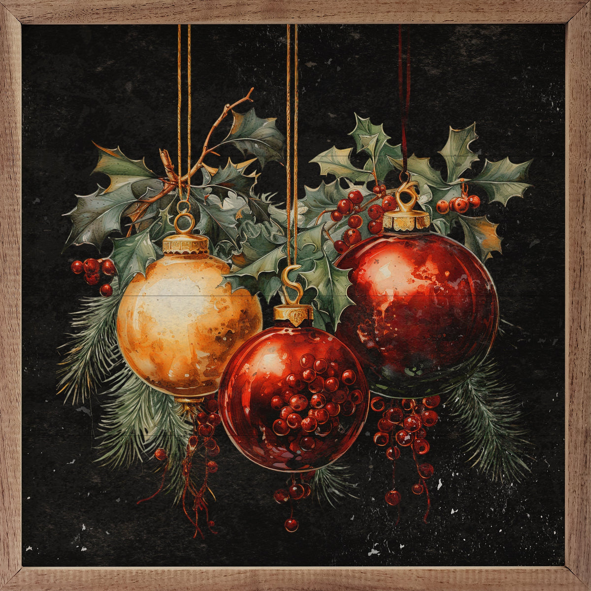 Three Ornaments With Holly Wood Framed Print