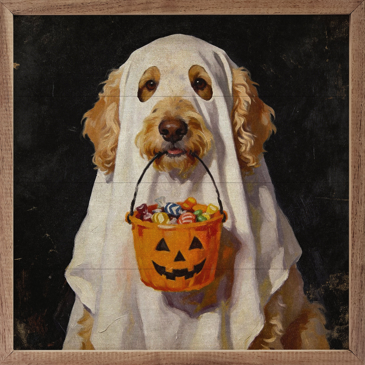 Trick Or Treat Goldendoodle Wood Framed Print