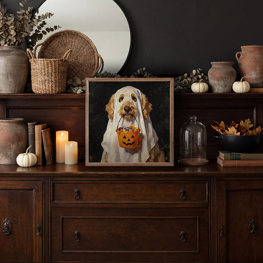 Trick Or Treat Goldendoodle Wood Framed Print