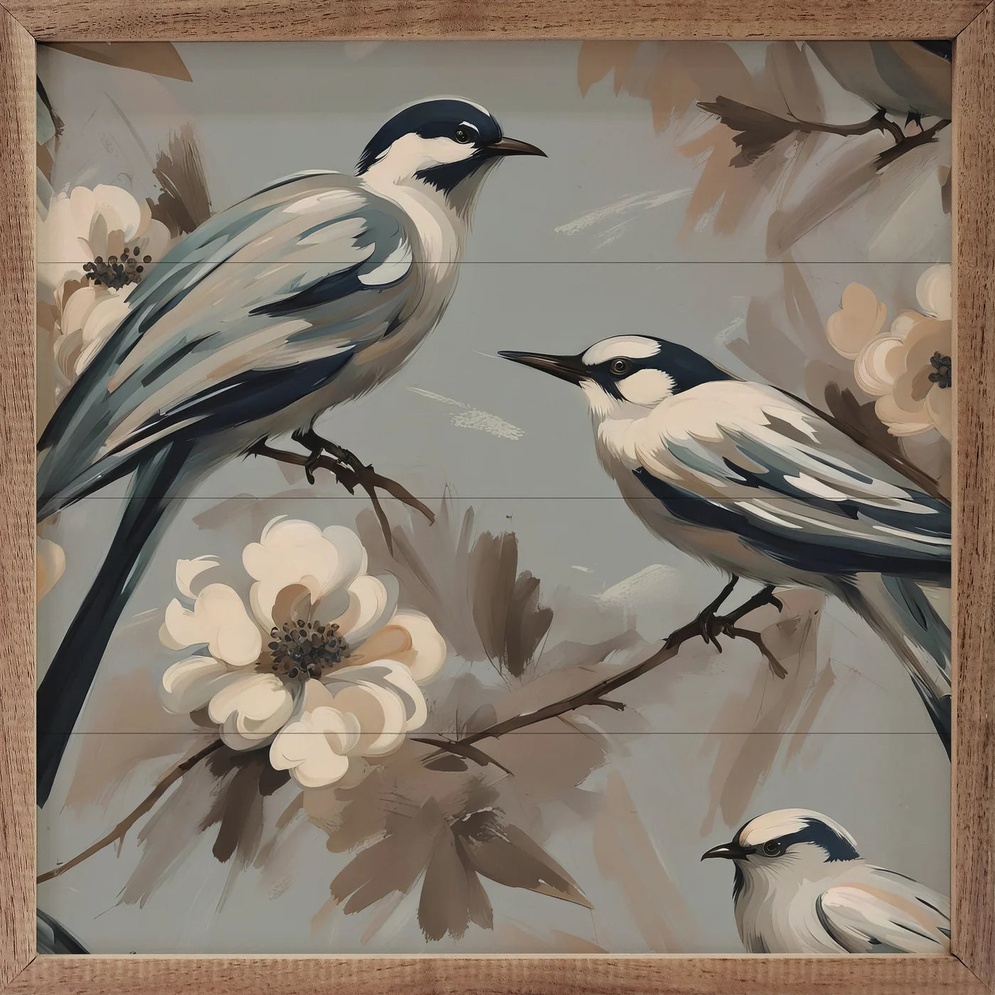 Two Birds On Floral Branch Wood Framed Print