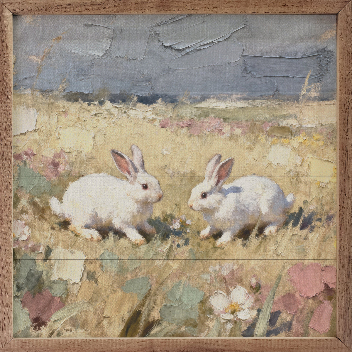 Two White Bunnies Playing Wood Framed Print