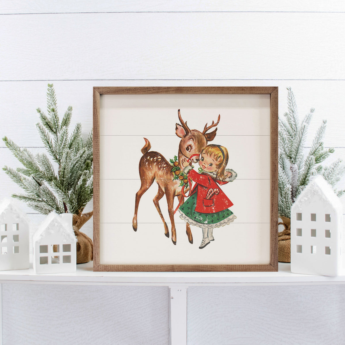 Vintage Deer With Girl Wood Framed Print