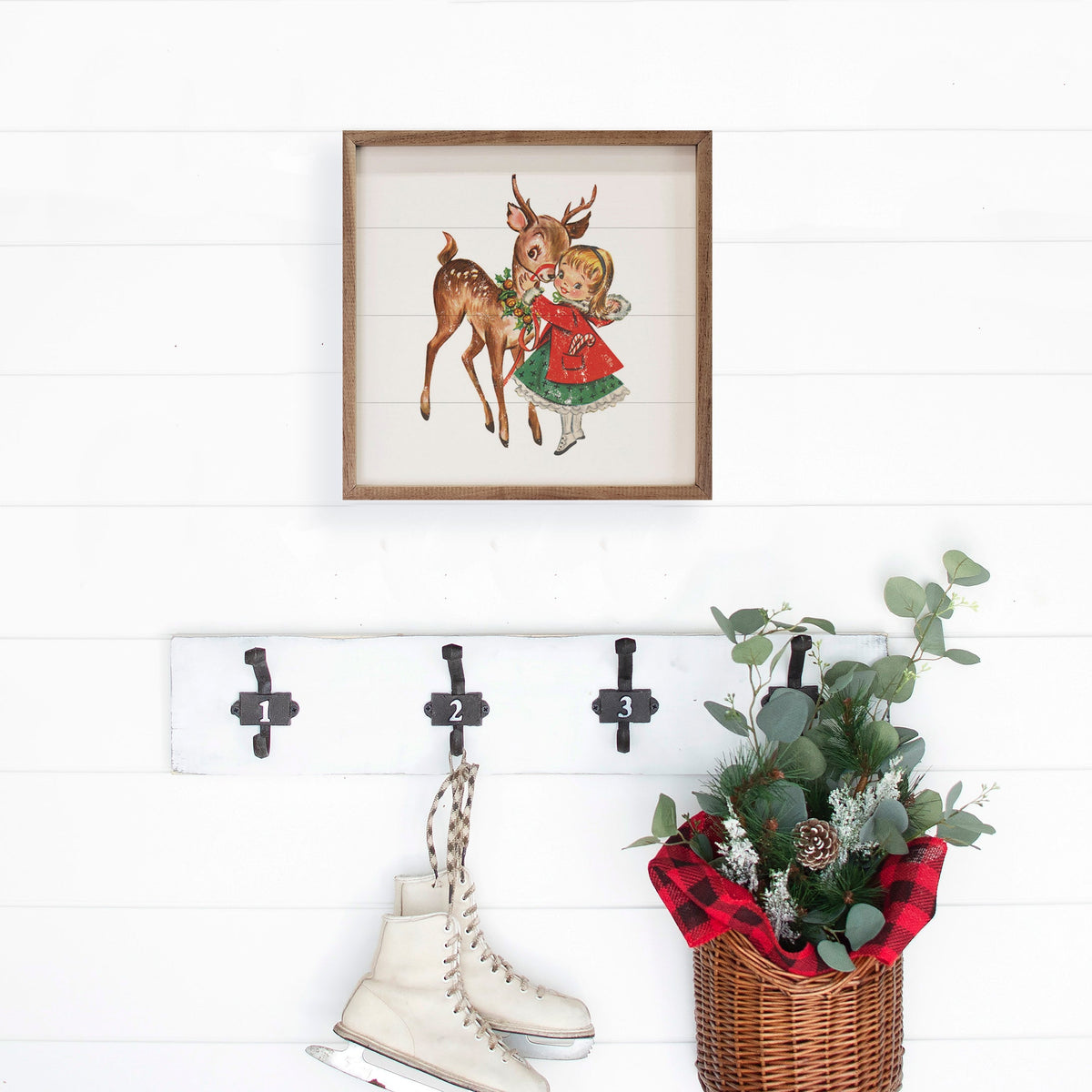 Vintage Deer With Girl Wood Framed Print