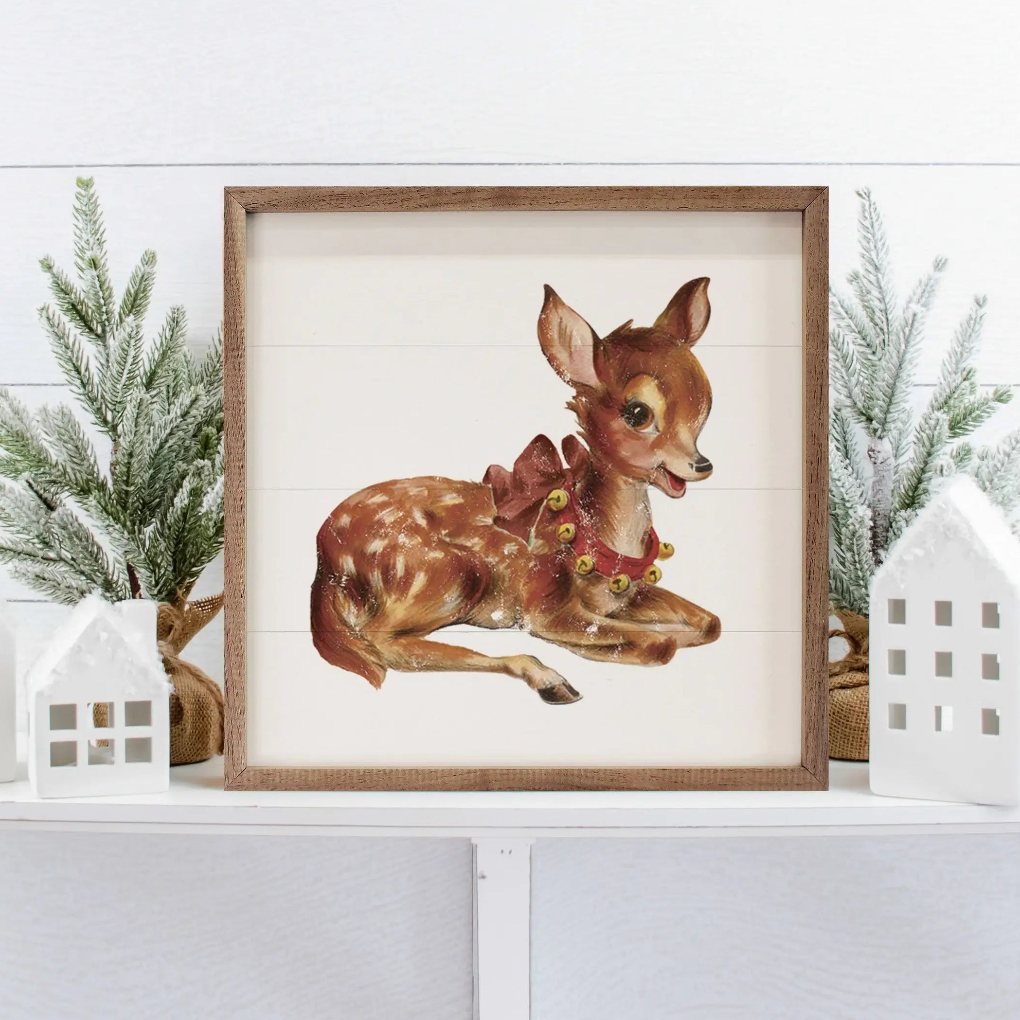 Vintage Jingle Bells Deer Wood Framed Print