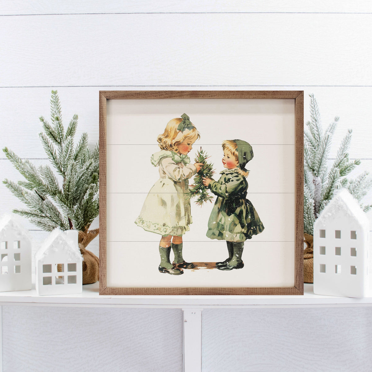 Vintage Girls Christmas Wood Framed Print