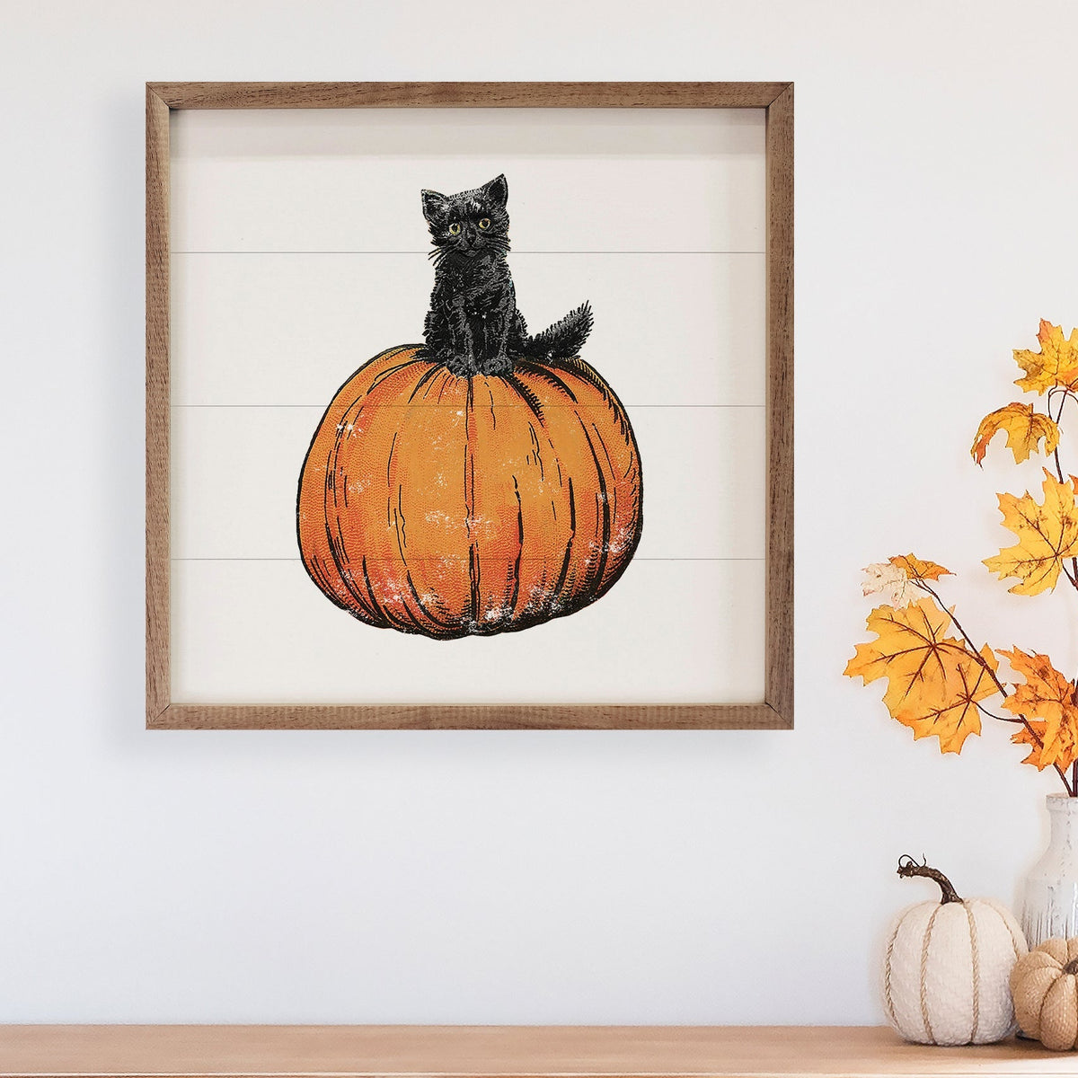 Vintage Halloween Cat On Pumpkin Wood Framed Print