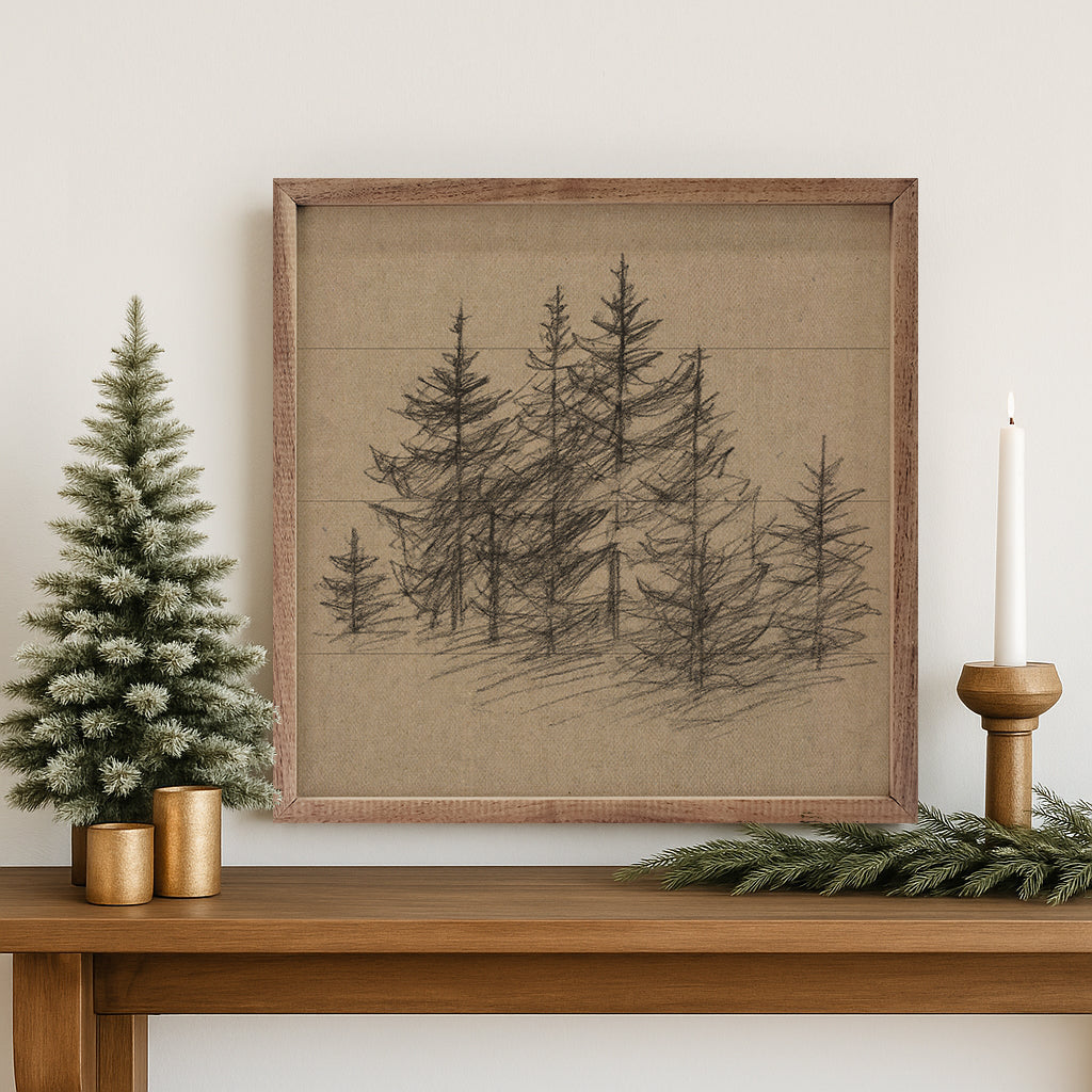 Vintage Pencil Drawing Pines Wood Framed Print