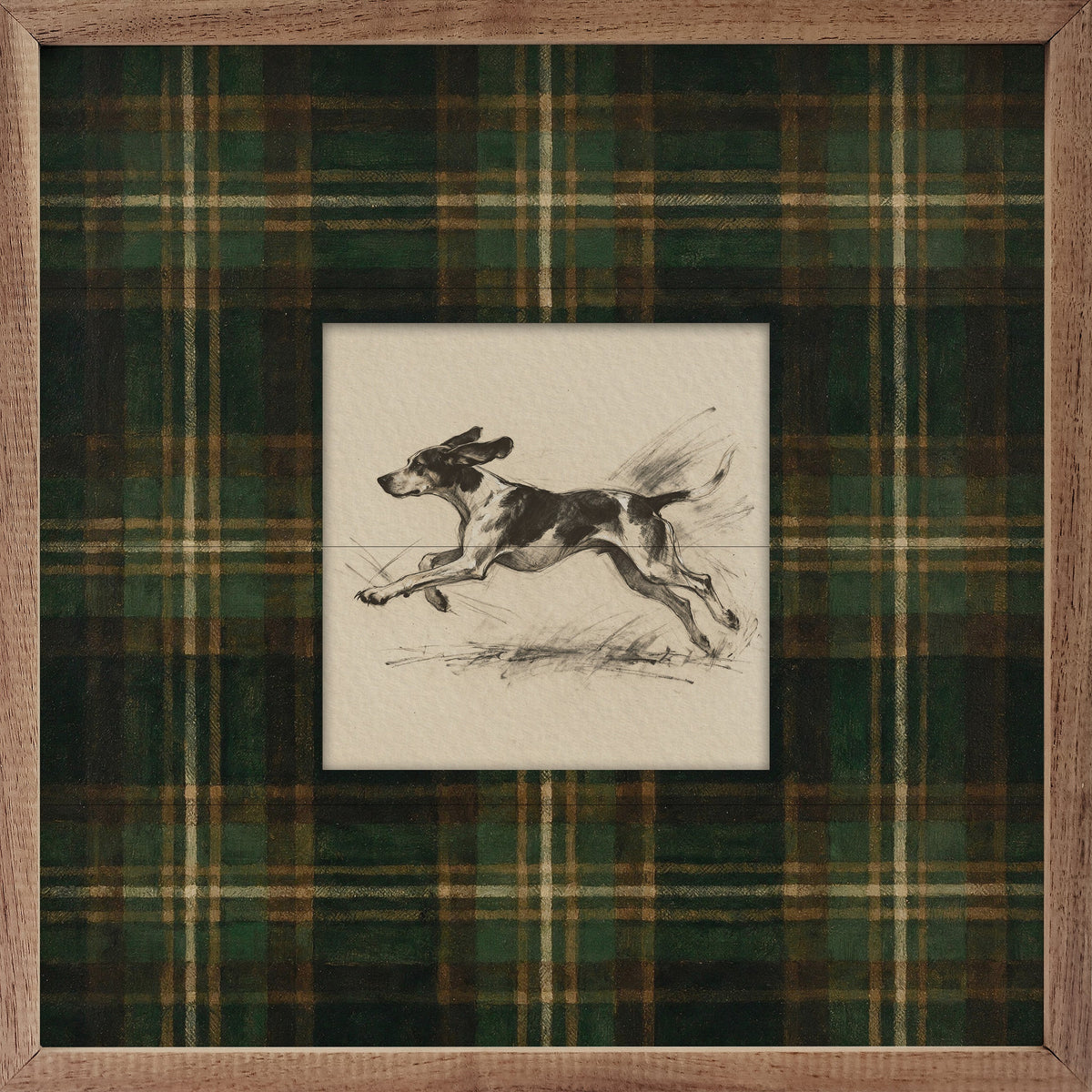 Vintage Running Coonhound Tartan Study Print Wood Framed Print