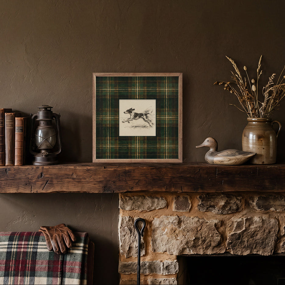 Vintage Running Coonhound Tartan Study Print Wood Framed Print