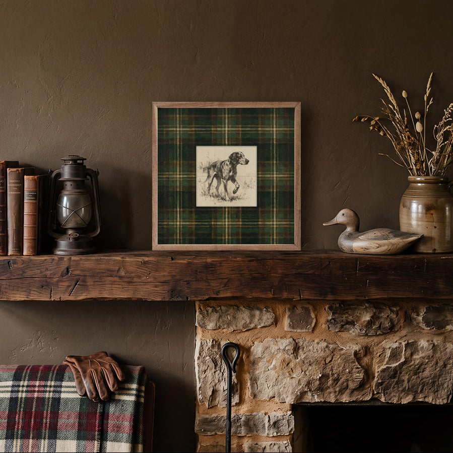 Vintage Standing Coonhound Tartan Study Print Wood Framed Print