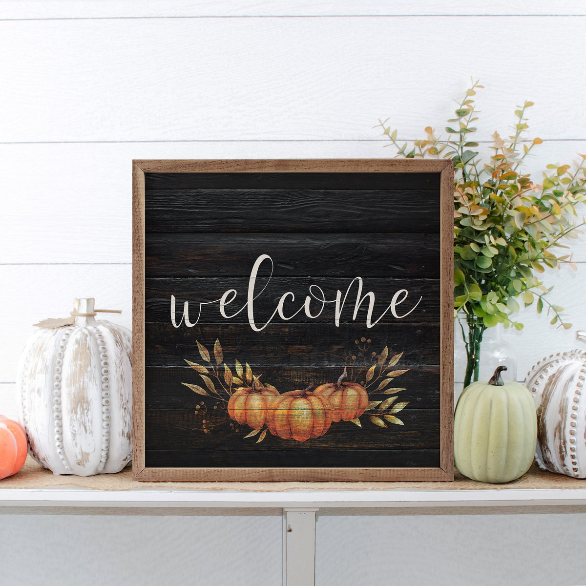 Welcome Pumpkin Black Wood Framed Print