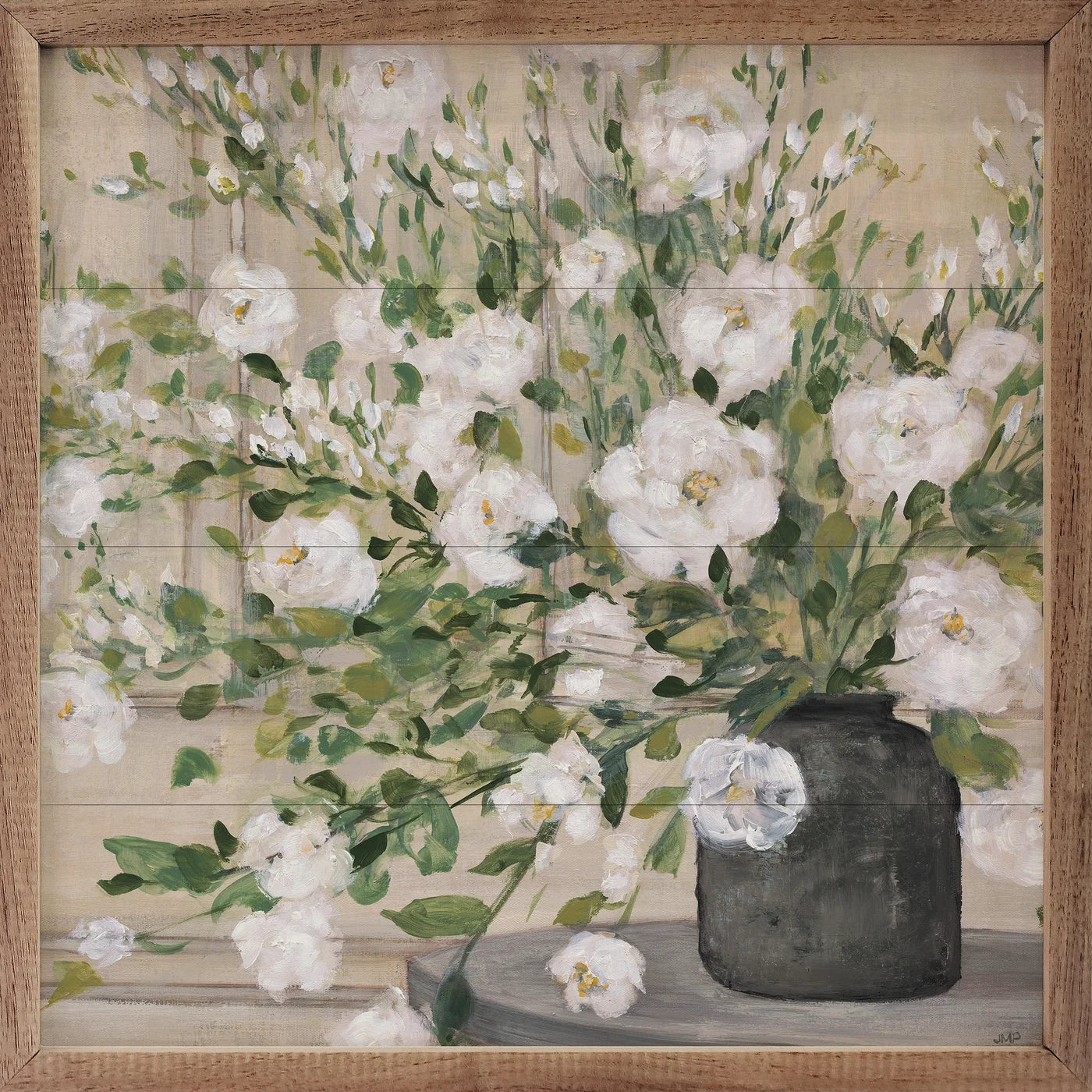 White Bouquet Gray Vase By Julia Purinton Wood Framed Print