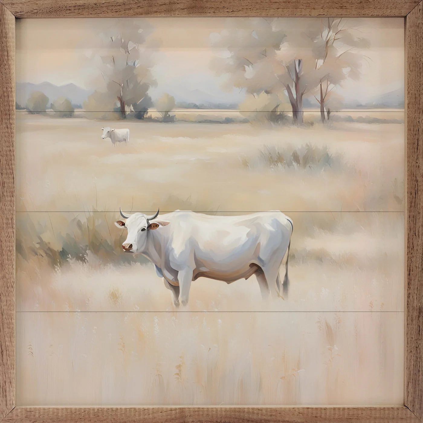 White Cow In Brown Field Wood Framed Print