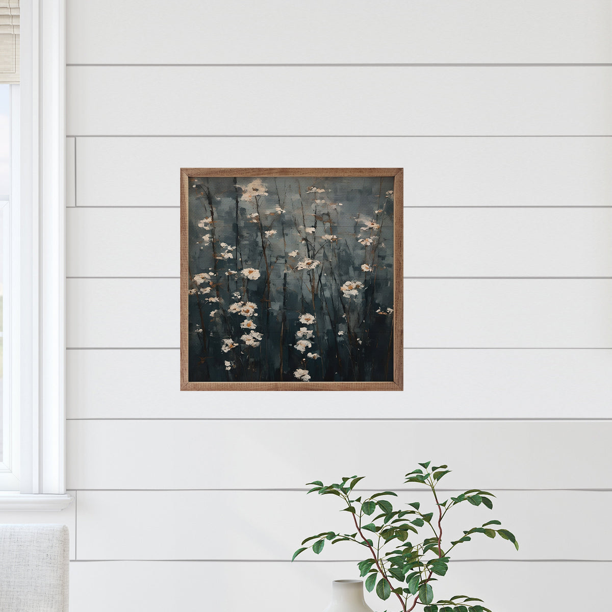 White Flowers In Dark Field Wood Framed Print