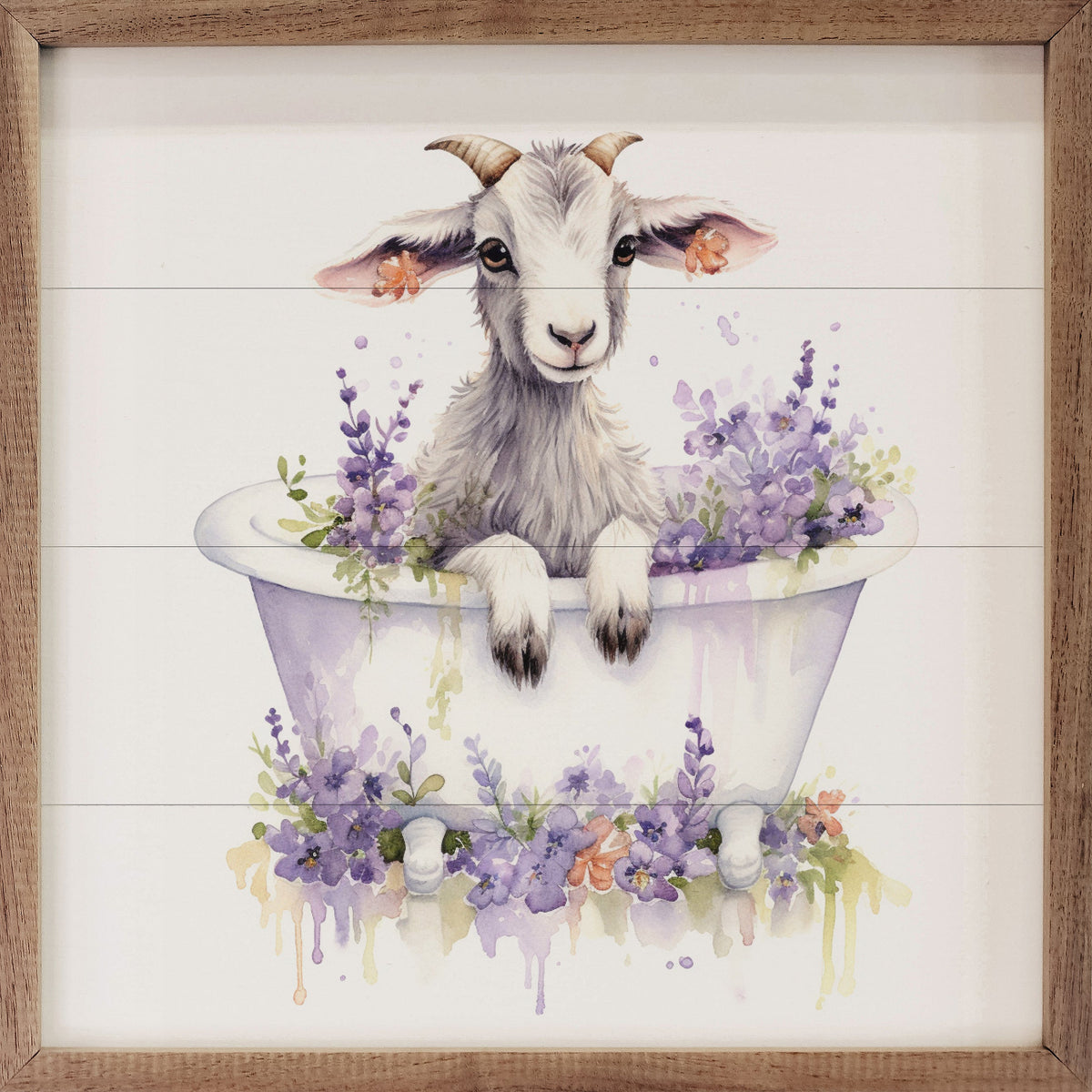 White Goat With Flowers Wood Framed Print