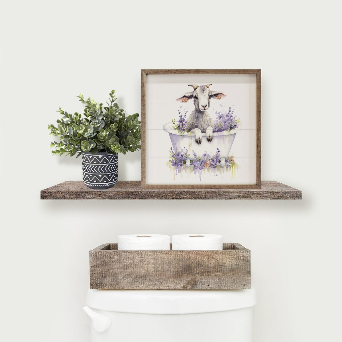 White Goat With Flowers Wood Framed Print
