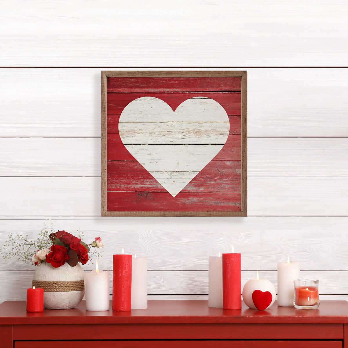 White Heart On Red Wood Framed Print