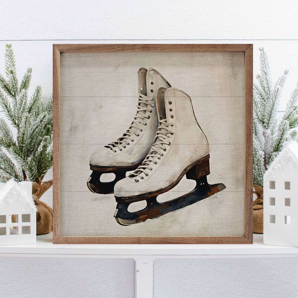 White Ice Skates Wood Framed Print