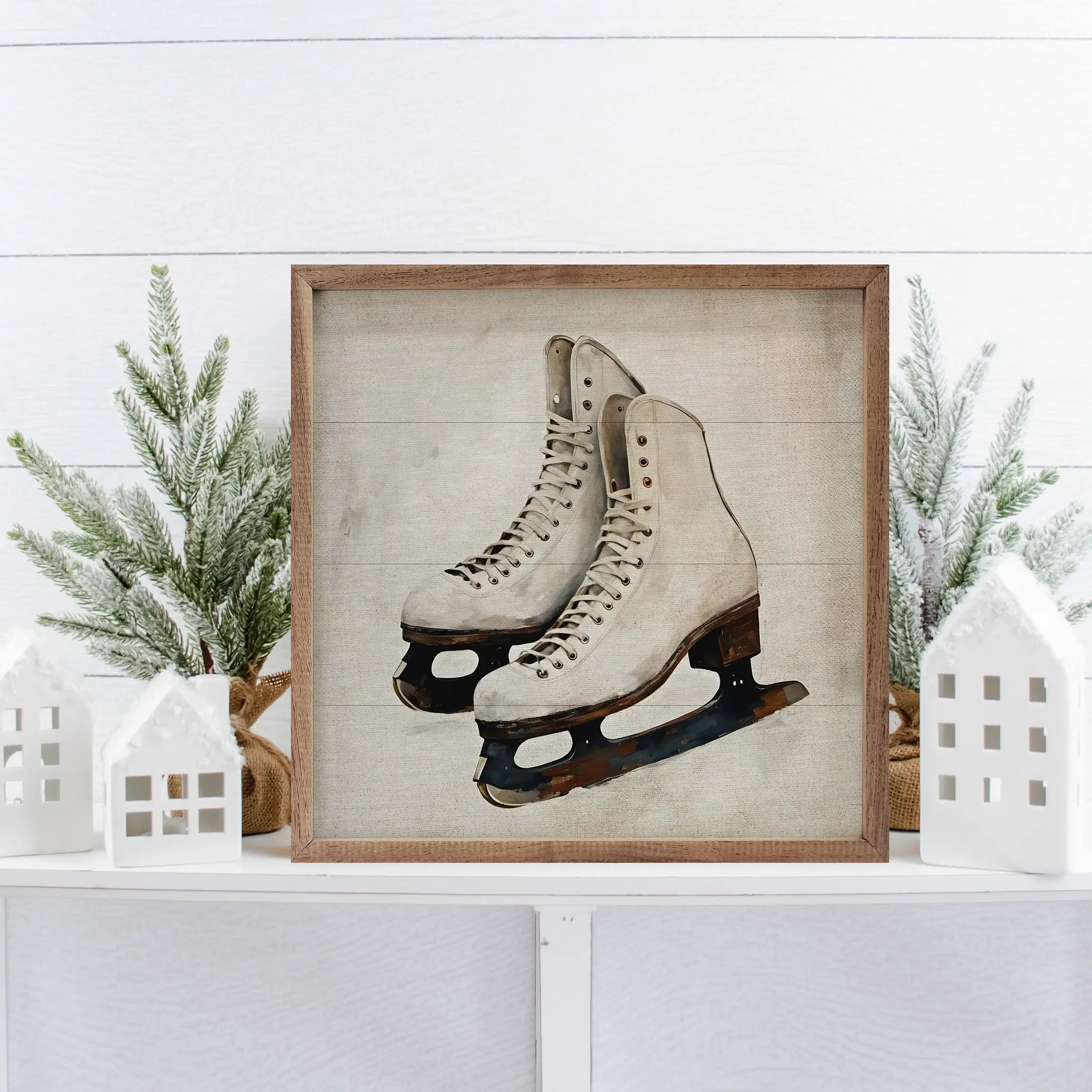 White Ice Skates Wood Framed Print