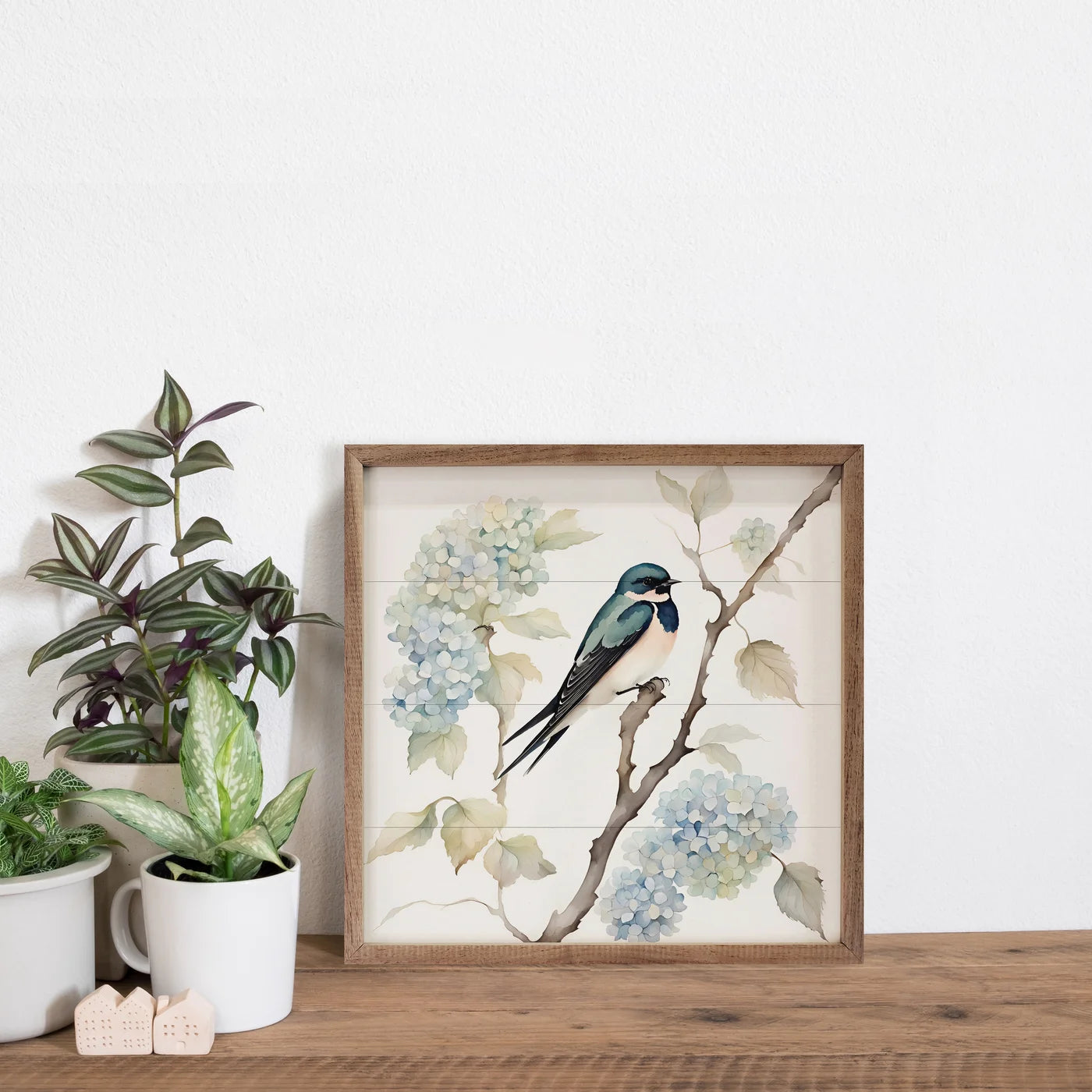 Barn Swallow On Hydrangea Bush Wood Framed Print