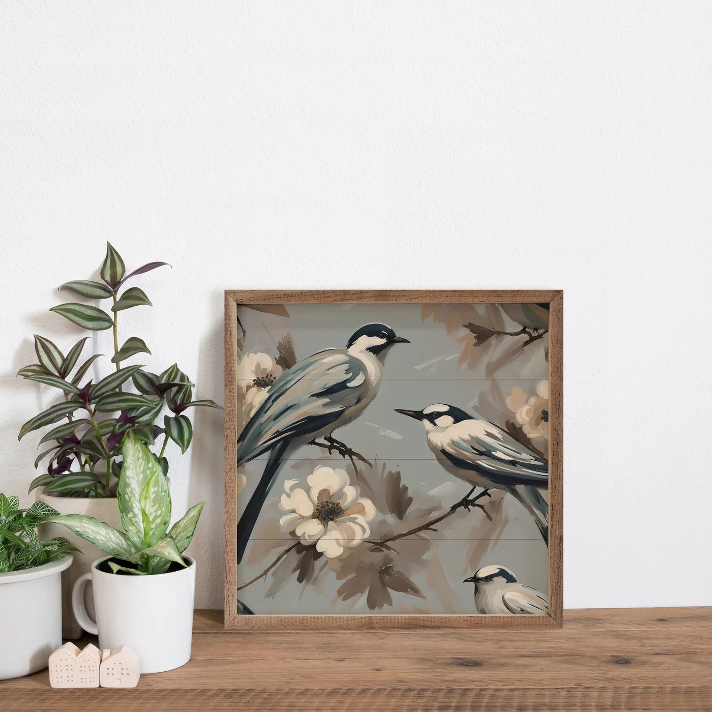 Two Birds On Floral Branch Wood Framed Print