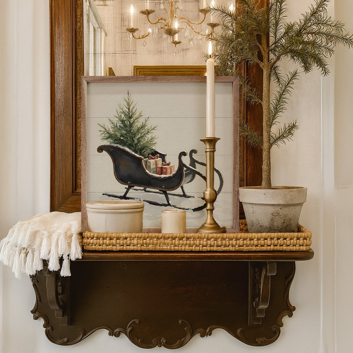 Vintage Black Sleigh Wood Framed Print