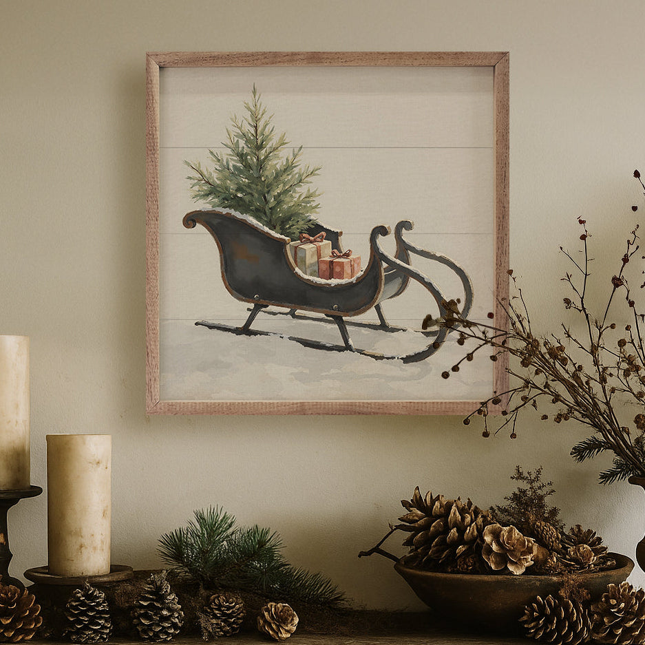 Vintage Black Sleigh Wood Framed Print