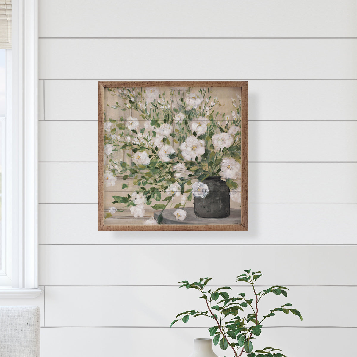 White Bouquet Gray Vase By Julia Purinton Wood Framed Print