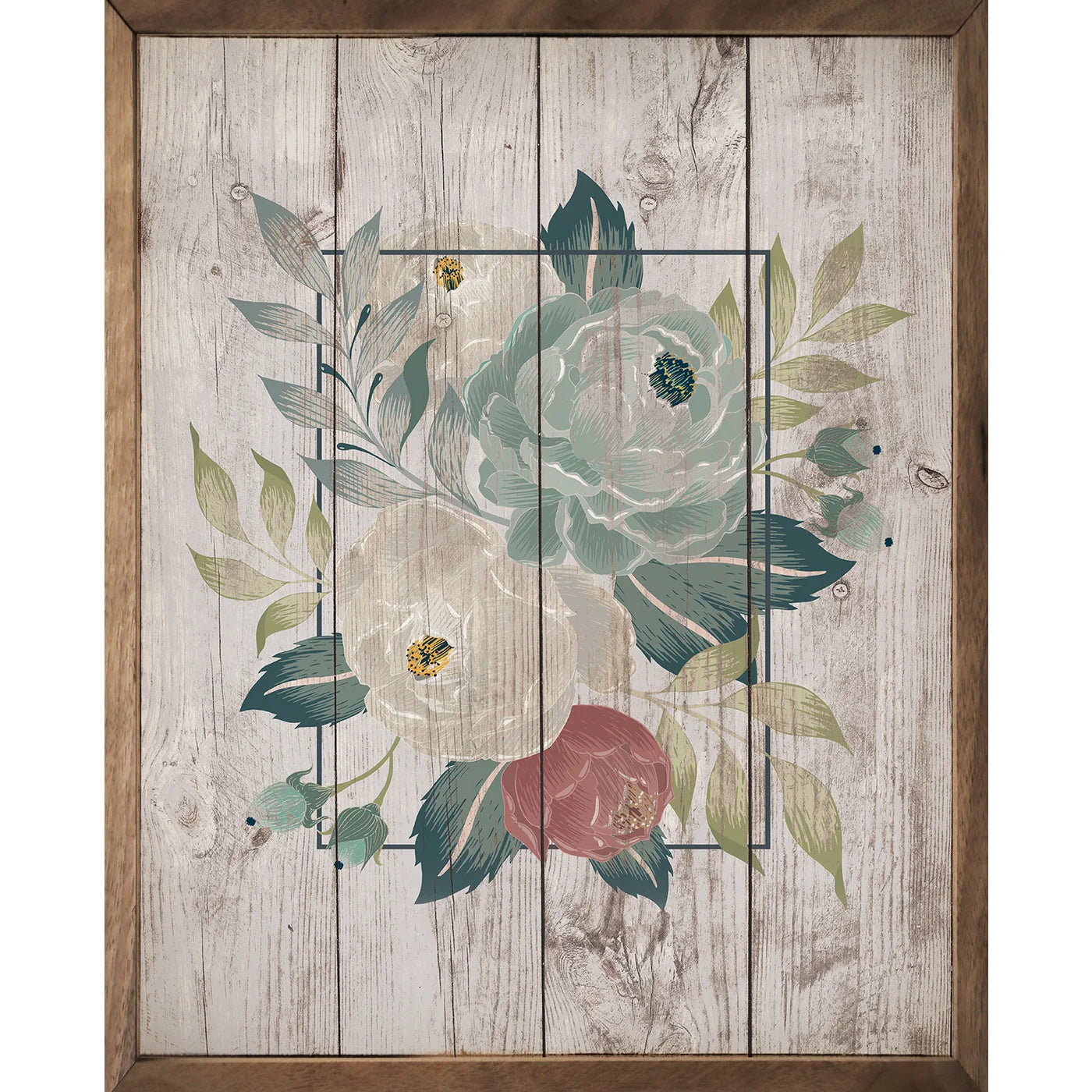 Brown and Green Floral Wood Framed Print