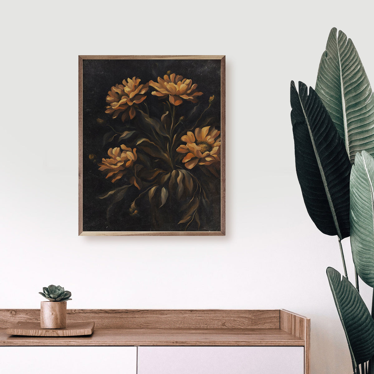 Dark Orange Florals Wood Framed Print