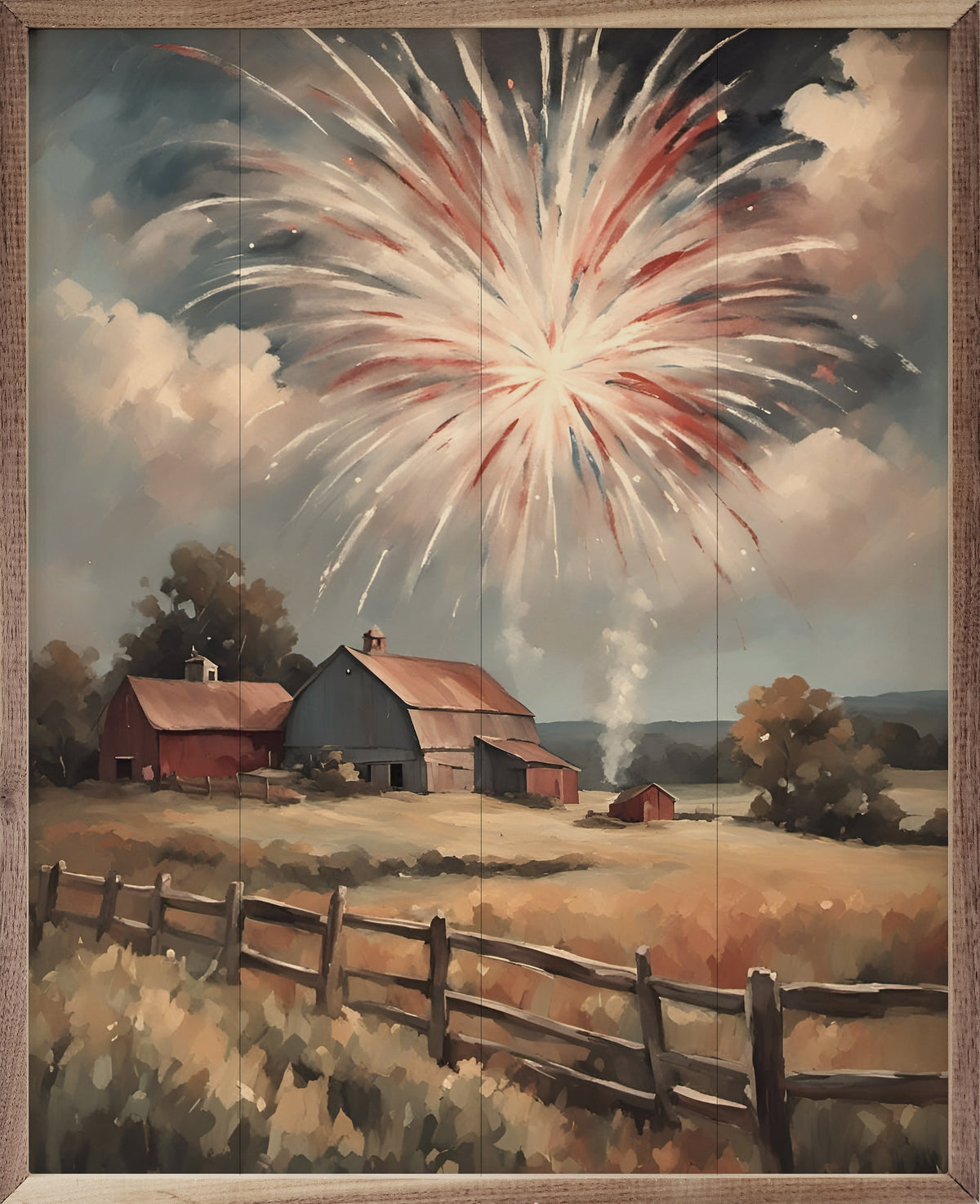 Fireworks South Over Barns Wood Framed Print