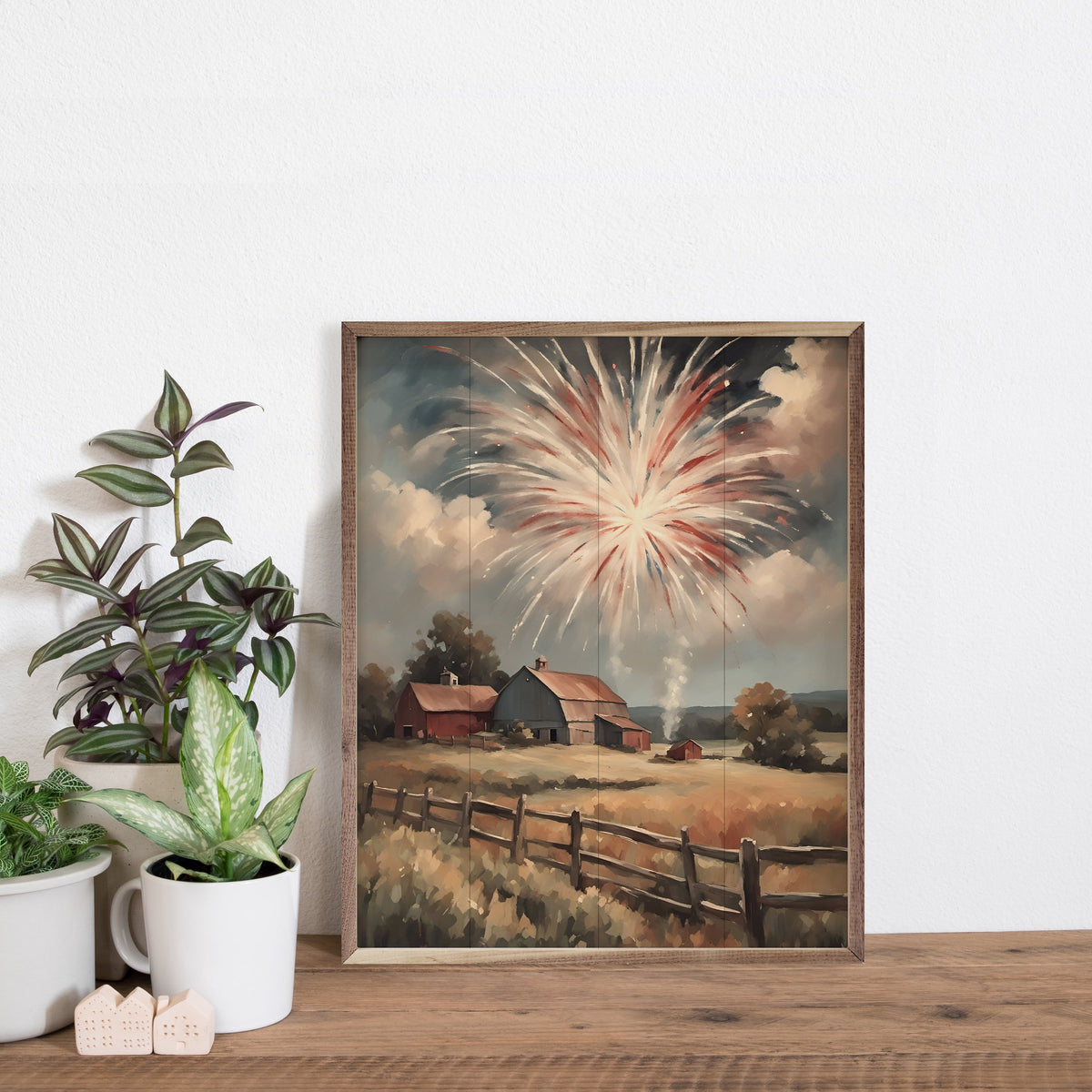 Fireworks South Over Barns Wood Framed Print