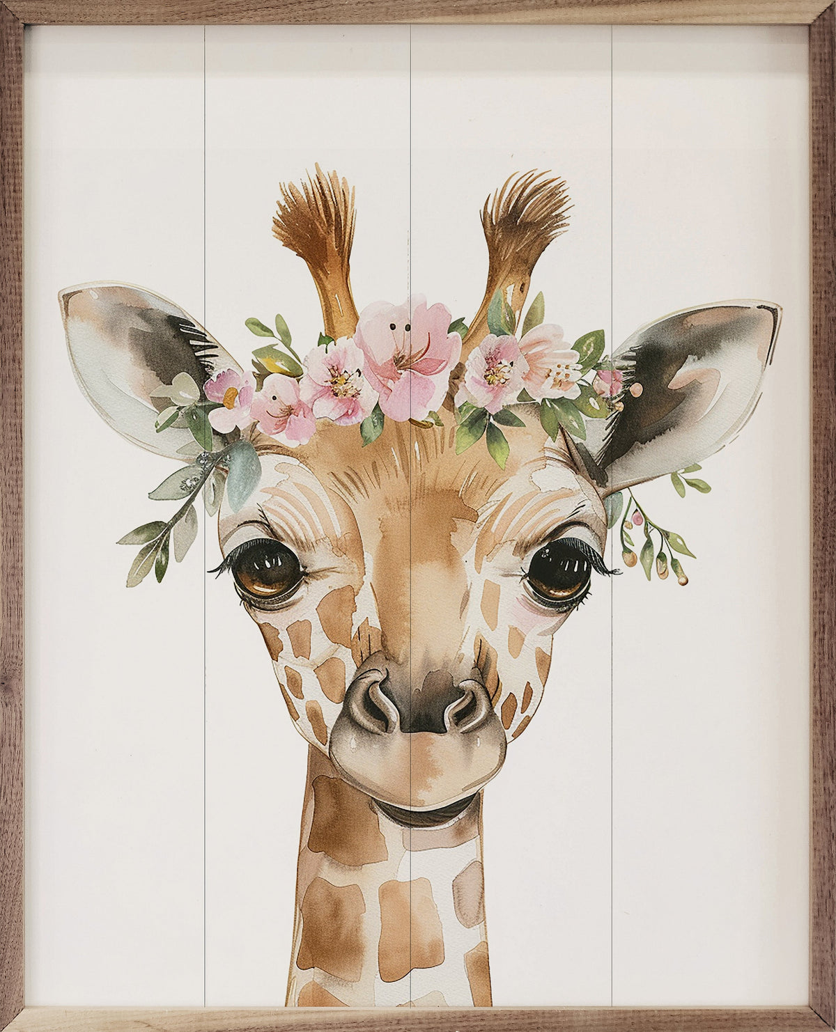 Nursery Floral Giraffe Wood Framed Print