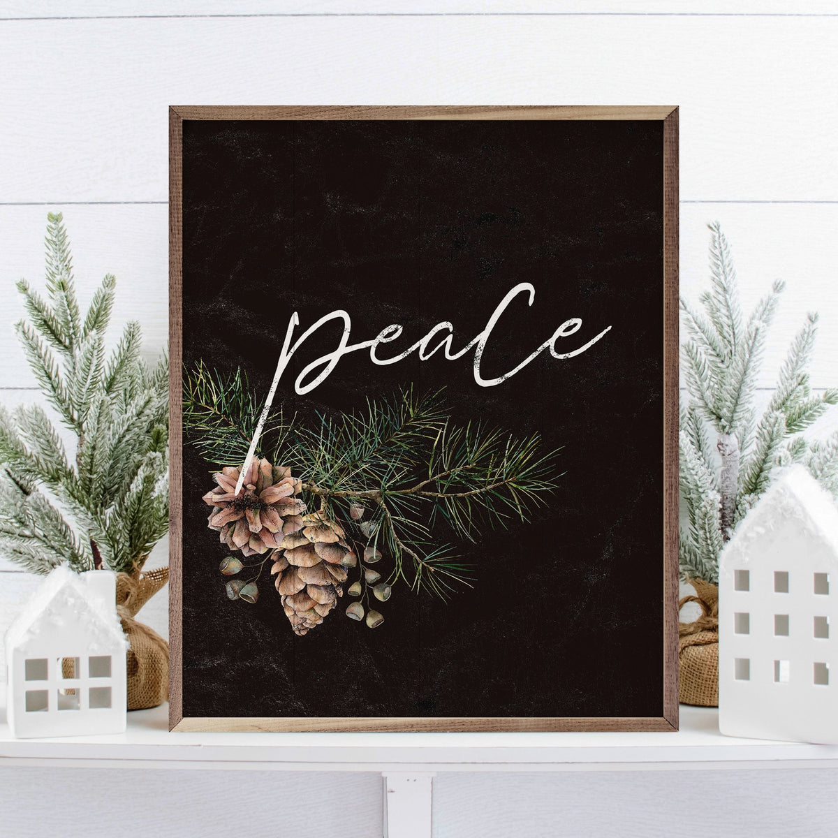 Pinecone Peace Branch Black Wood Framed Print