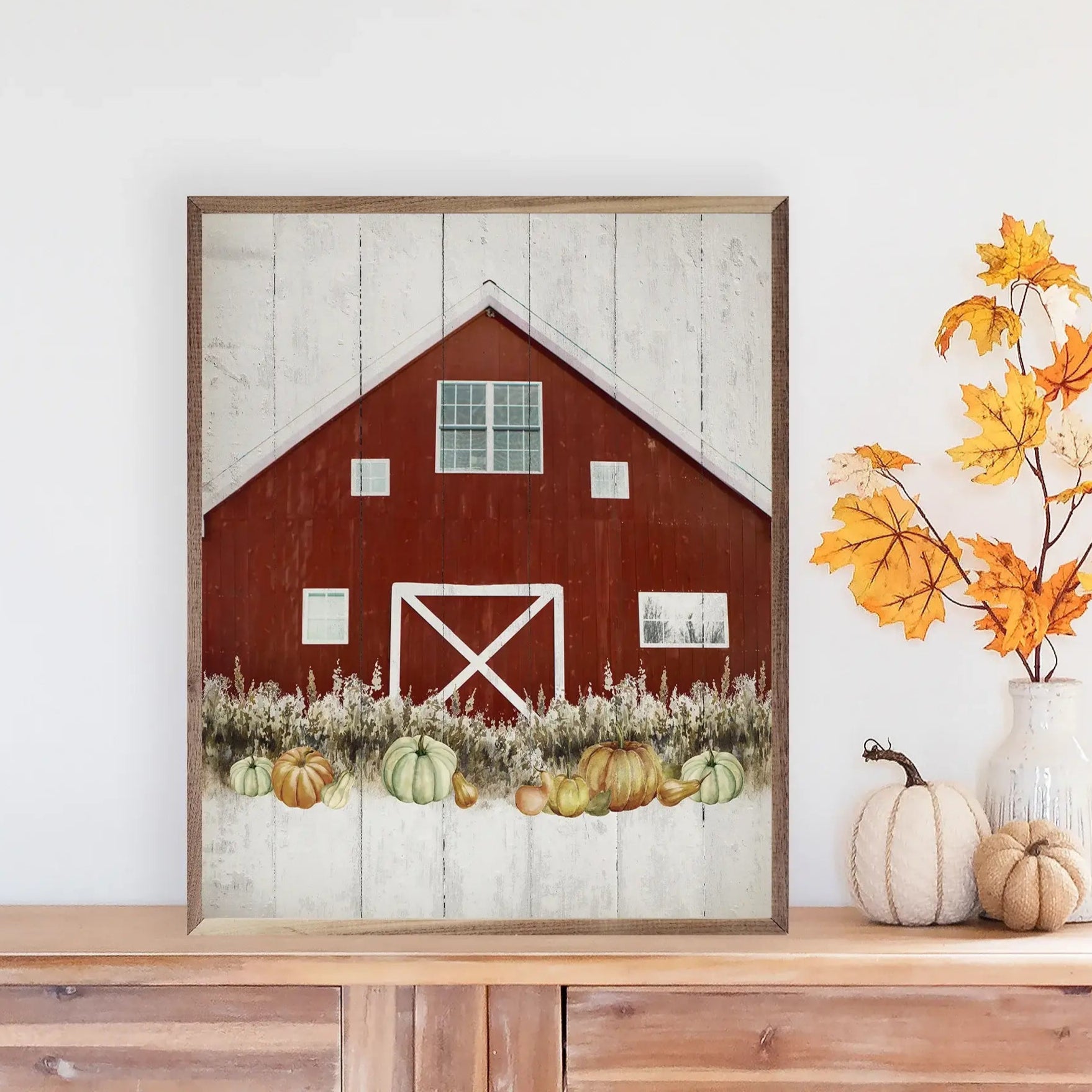 Red Fall Barn Wood Framed Print