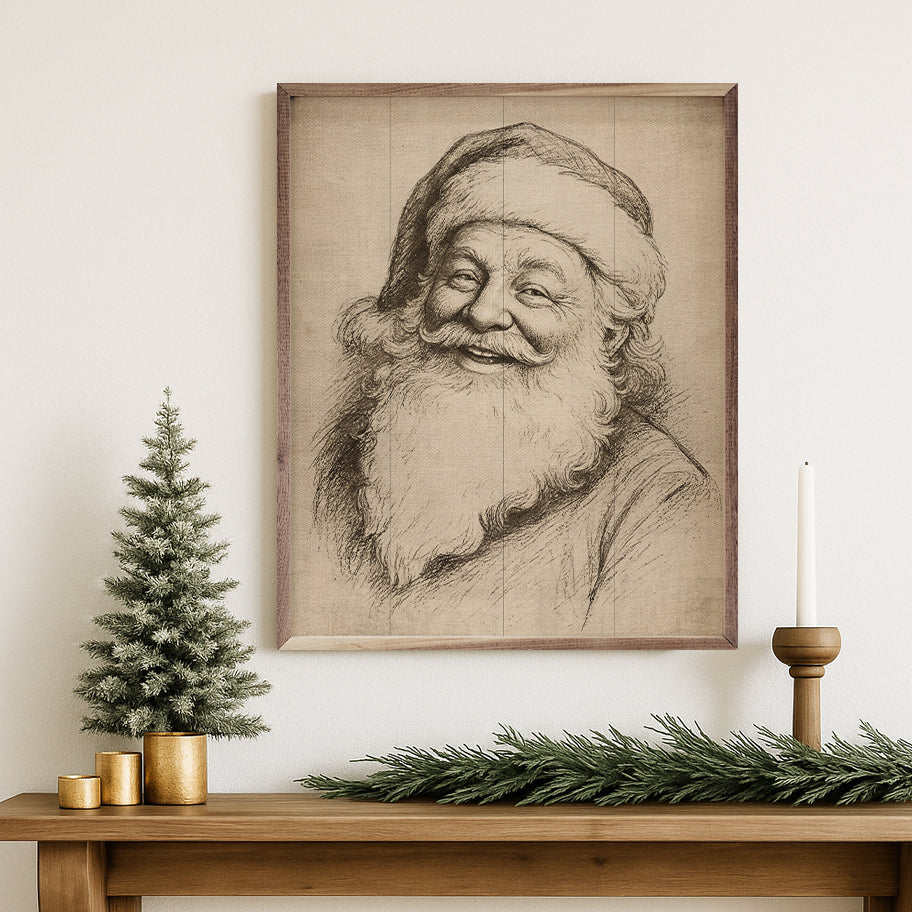 Santa Claus Linocut Wood Framed Print