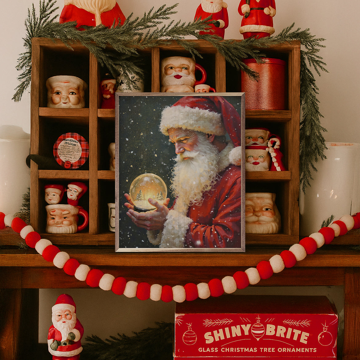 Santa With Snowglobe Wood Framed Print