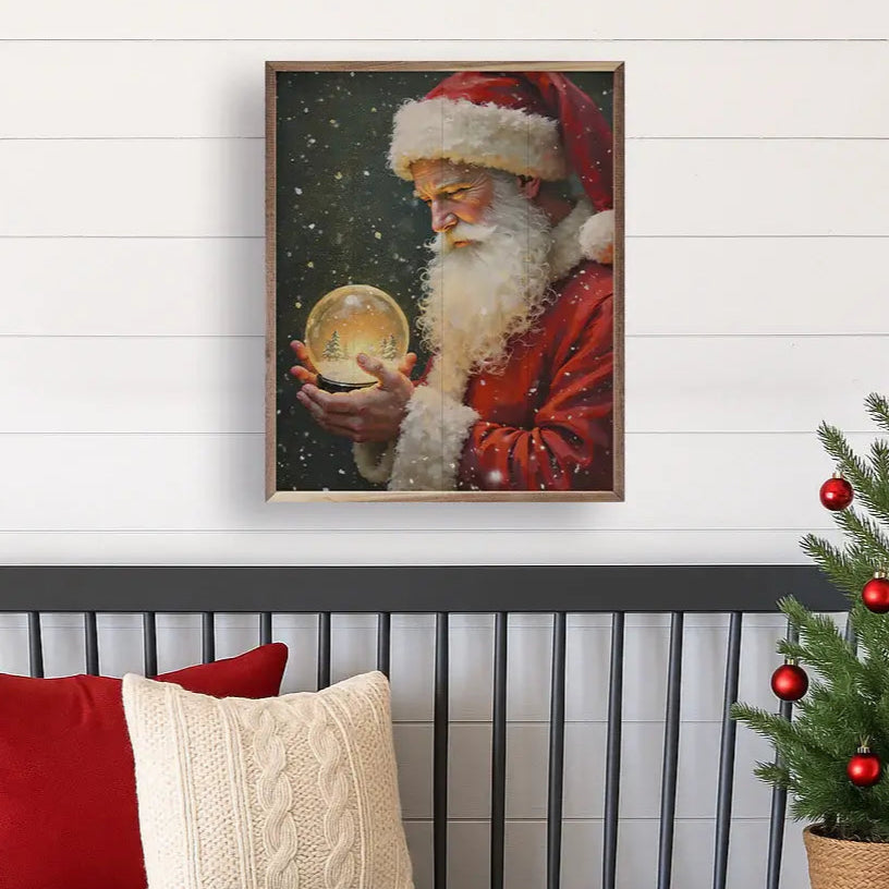 Santa With Snowglobe Wood Framed Print