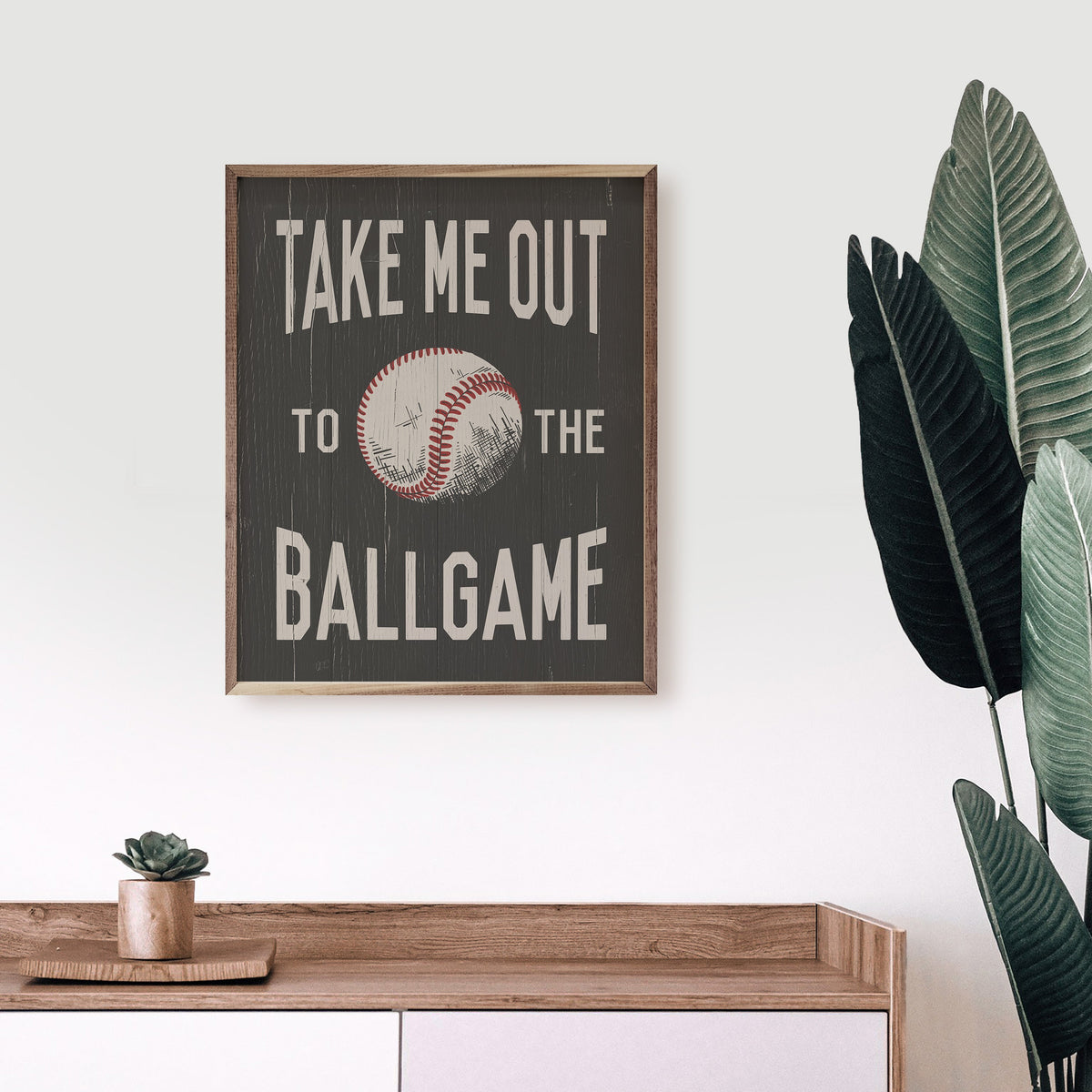 Take Me Out To The Ballgame Baseball Wood Framed Print
