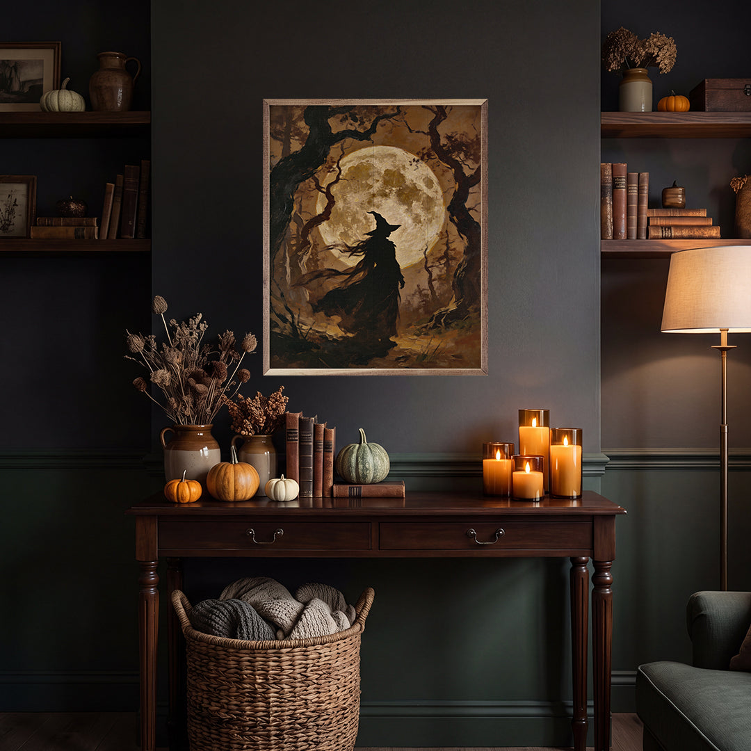 The Witch And The Moon Wood Framed Print
